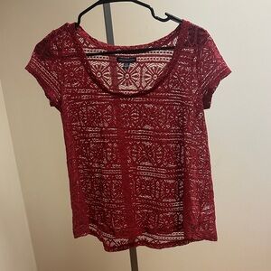 American Eagle Outfitters Burgundy Lace Short Sleeve Tee